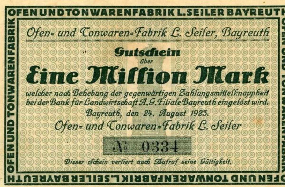 In Bayreuth gab es nicht nur Notgeld vom Stadtrat, sondern auch von den vier Spinnereien, der Aktienziegelei, der Porzellanfabrik Walküre und der Ofen- und Tonwarenfabrik L. Seiler. In Kulmbach druckte auch die Buchdruckerei A. Hertel.