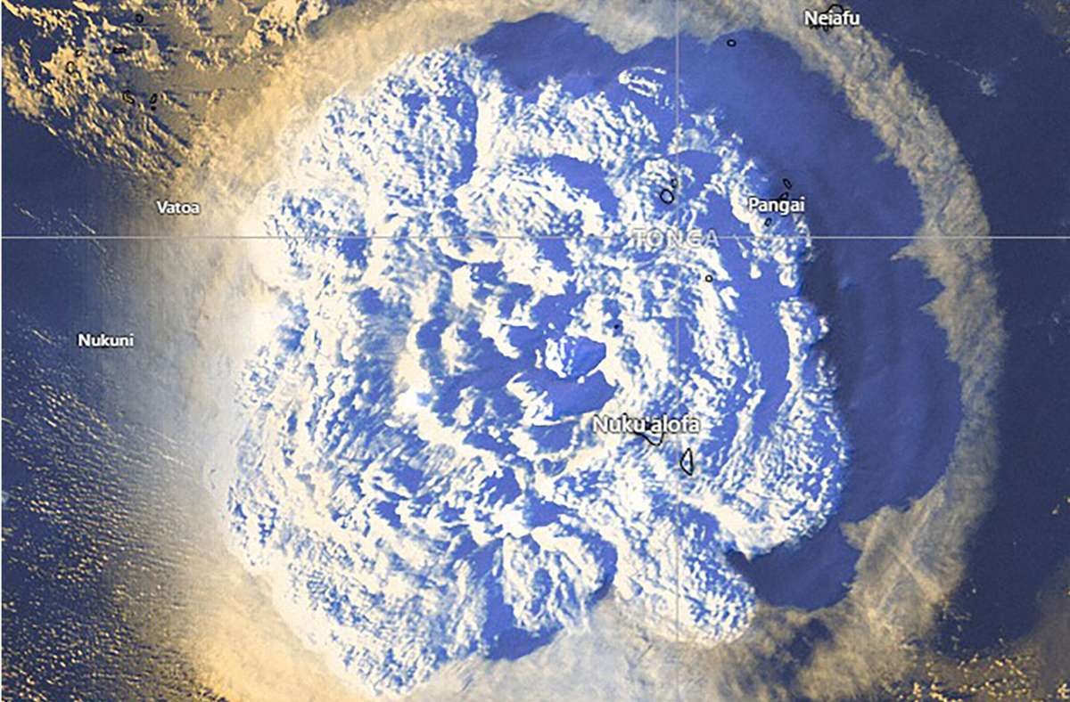 Dieses vom Tonga Meteorological Services veröffentlichte Satellitenbild zeigt den Vulkanausbruch.