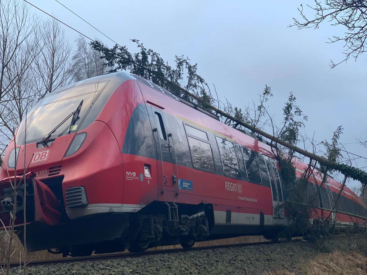 Auch Ylenia hat zahlreiche Schäden verursacht: Am Donnerstagmorgen ist ein Baum in Rödental im Landkreis Coburg auf einen Zug gekracht. Durch den Sturm und die geschlossenen Schulen war der Zug nicht voll besetzt.