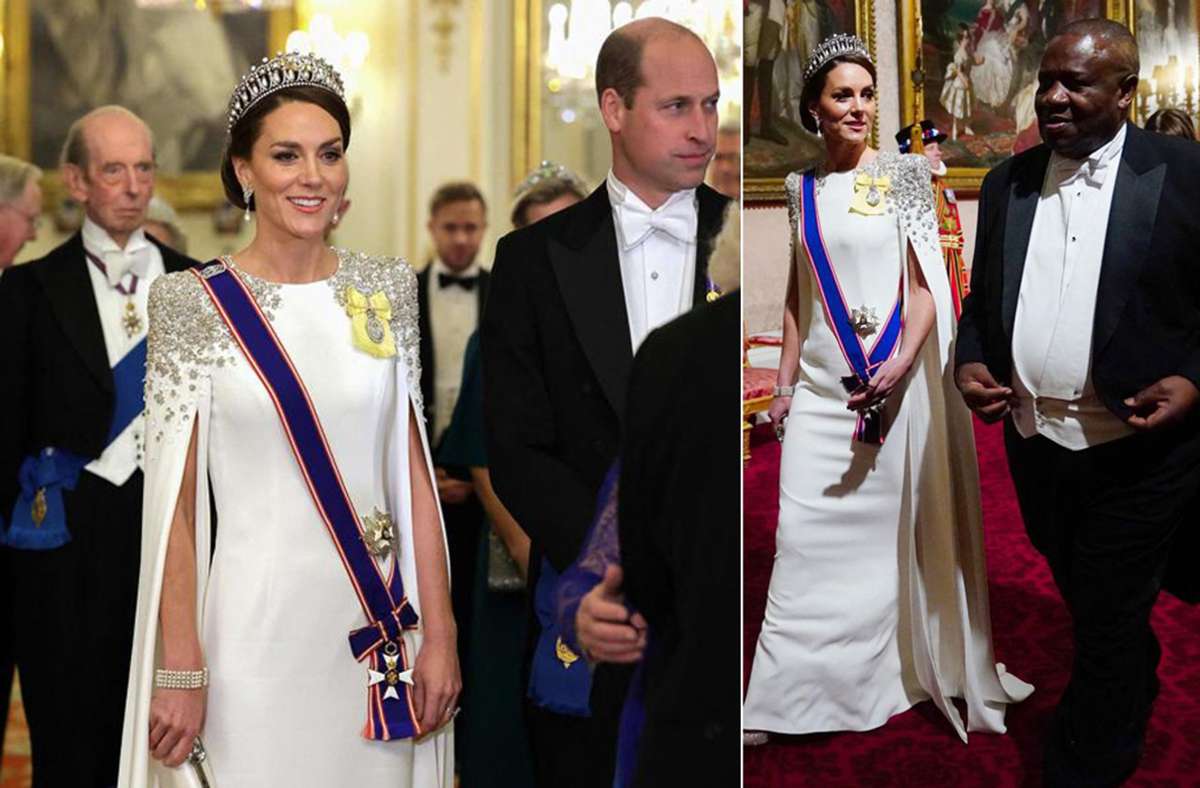 Makellos in einem weißen Cape-Kleid: Prinzessin Kate beim Staatsbankett im Buckingham Palace.